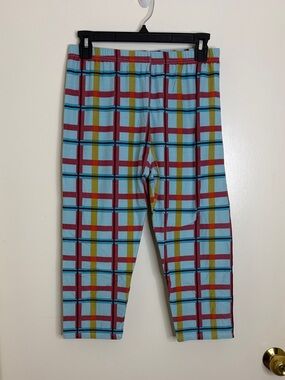 Agnes & Dora Light Cropped Blue Plaid Leggings with Burgundy and Mustard Stripes